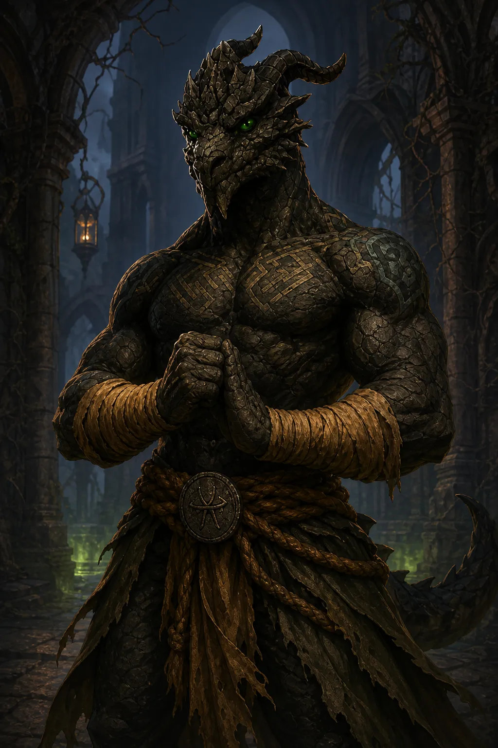 Ignatius, a black dragonborn monk with green eyes and geometric order tattoos, holds a disciplined martial salute in a ruined cloister.