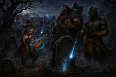 Carver, Rage, and Ignatius observing blue gravelights among old graves outside Rivalis.