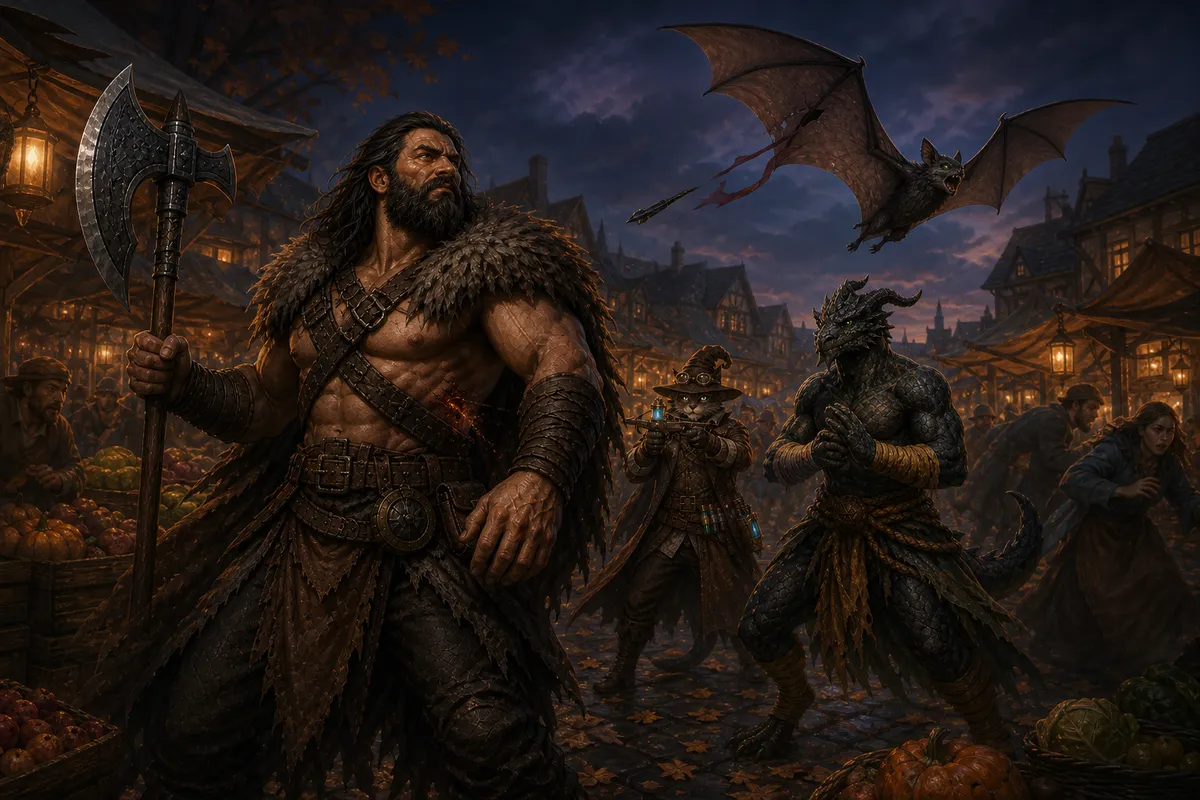 Rage, Carver, and Ignatius watch a wounded bat escape above Rivalis's lantern-lit market.