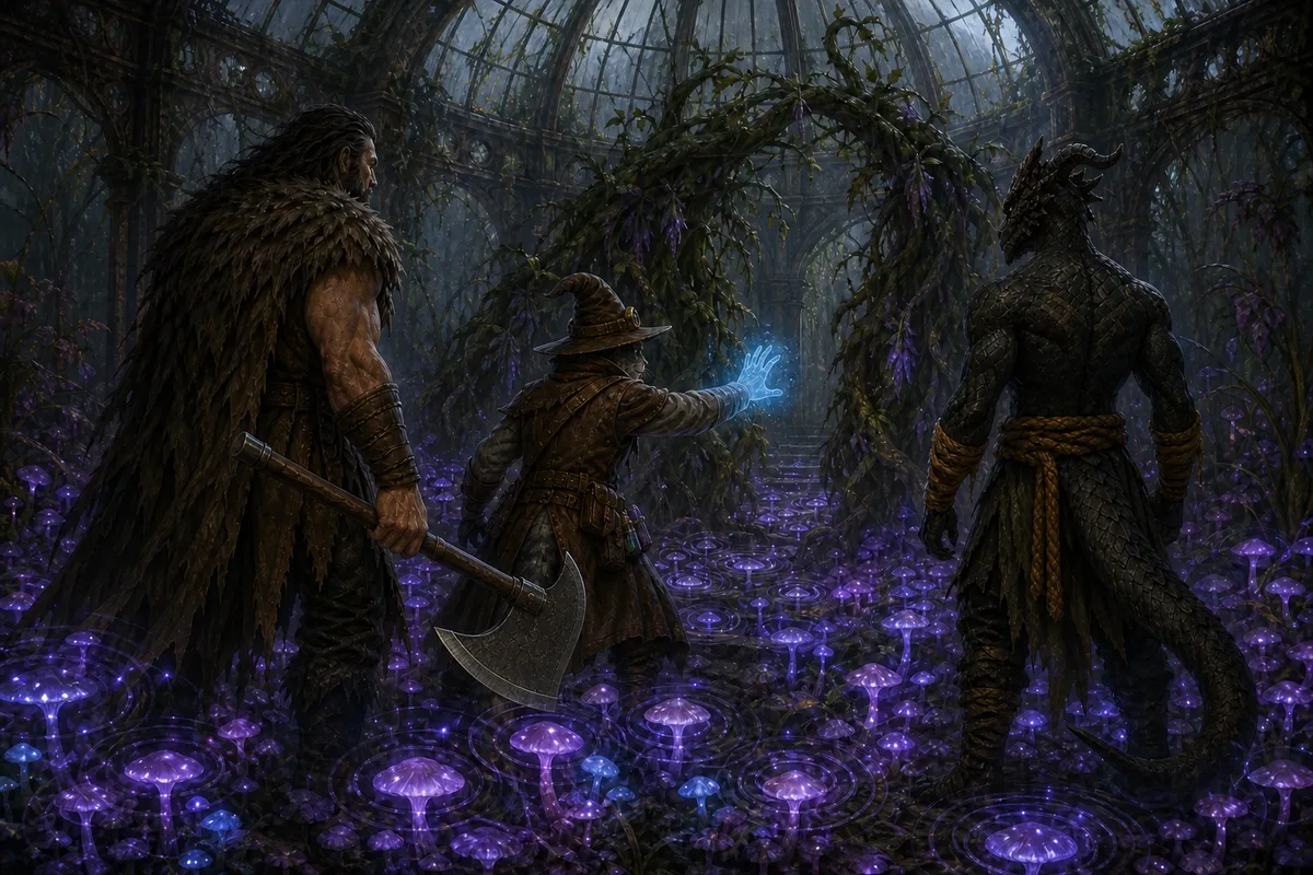 Carver uses a spectral hand to part living plants as Rage and Ignatius cross a chamber carpeted in glowing violet fungi.