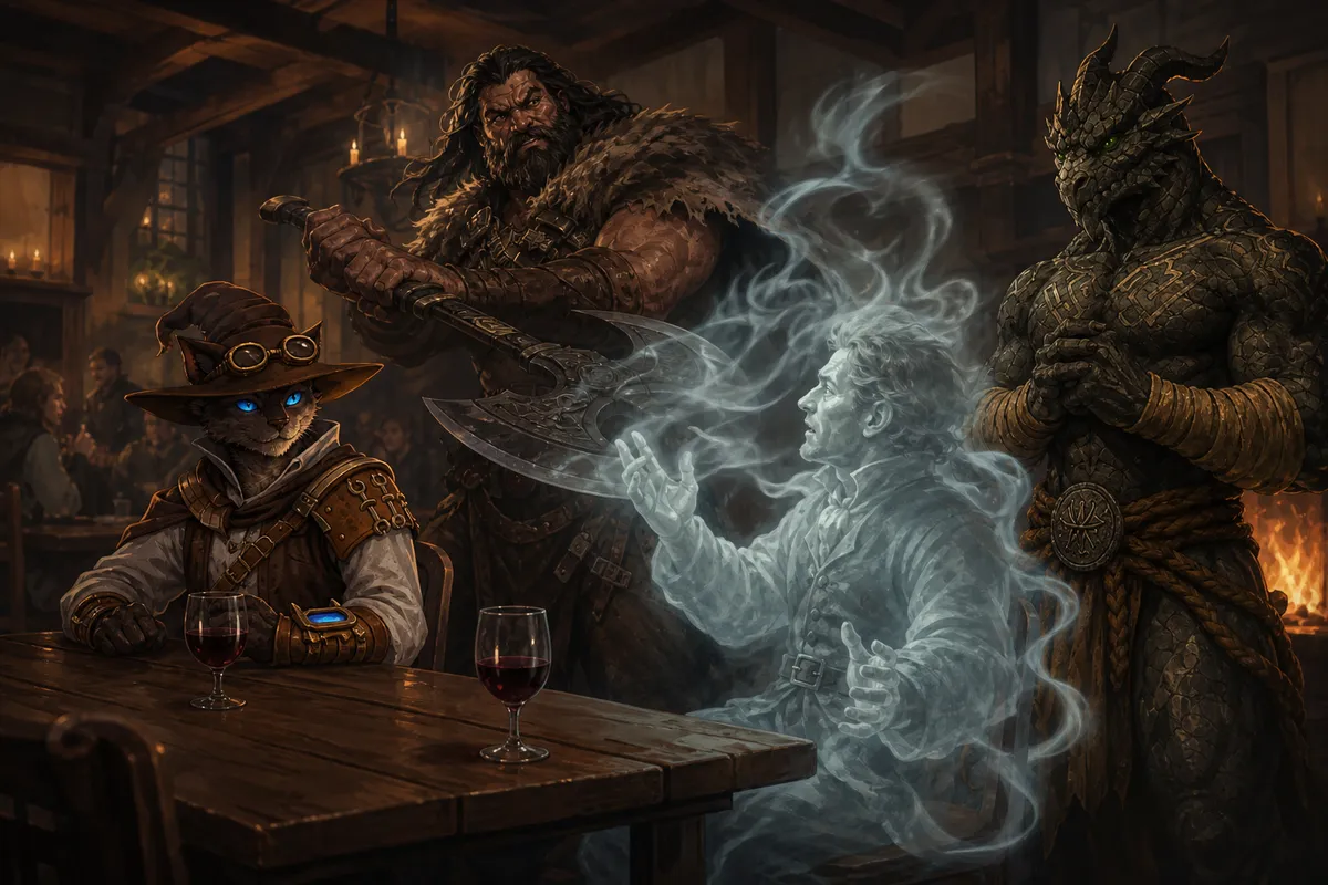 Carver, Rage, and Ignatius confronting a pale halfling who dissolves into spectral mist at an inn table.