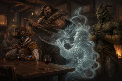 Carver, Rage, and Ignatius confronting a pale halfling who dissolves into spectral mist at an inn table.