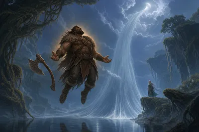 Rage floating before an immense waterfall that rises from a moonlit pool into the sky.