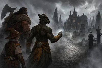 Ignatius holds the silver Mist talisman as a cobblestone road and Richten House emerge from white fog before the party.