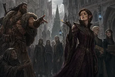 Rage tosses a gold coin toward Lady Embermere, who catches it between gloved fingers while her attendants and the people of Neblus watch.