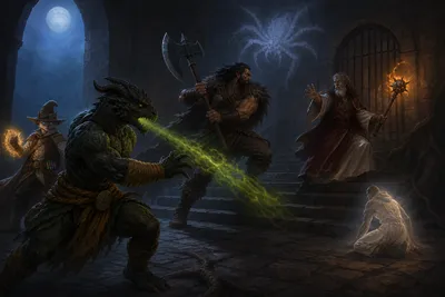 Ignatius breathes acid as Rage pursues High Sentinel Ablander up a stone stair, while Carver casts from the shadows and an illusory spider hangs overhead.