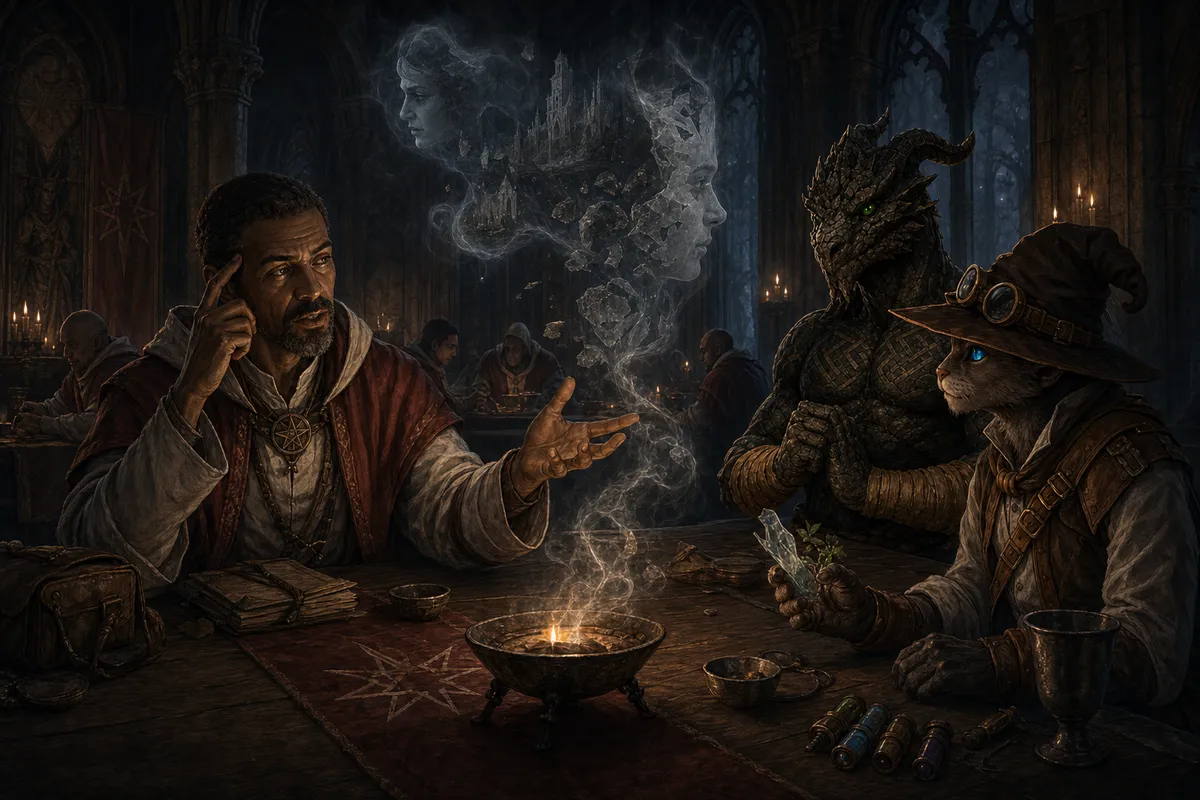 Duskren Kalvar gestures across a candlelit refectory table as symbolic faces and fragments of distant places dissolve into mist above Ignatius and Carver.