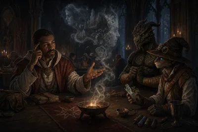 Duskren Kalvar gestures across a candlelit refectory table as symbolic faces and fragments of distant places dissolve into mist above Ignatius and Carver.