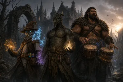Carver stands with the spectral Chip on his shoulder, Ignatius holds golden healing and violet harmful power in opposite hands, and Rage plays paired drums surrounded by bardic rings.