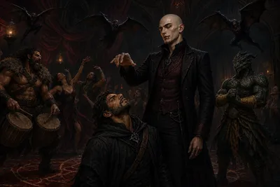 Darian Corvrick lets a single drop of blood fall toward Black Lily as Rage drums among ecstatic revelers and Ignatius watches from the edge.