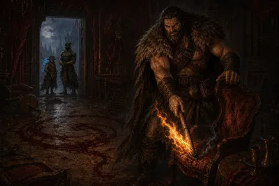 Rage presses a burning torch into a chair that only chars and smokes while Carver, Chip, and Ignatius wait beyond the doorway.