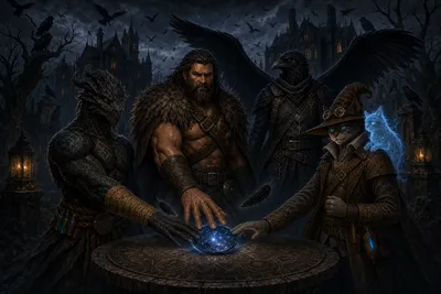 Ignatius, Rage, and Carver place their hands around a star-filled seer's stone while winged Vidic presides and ravens crowd the night around Richten House.
