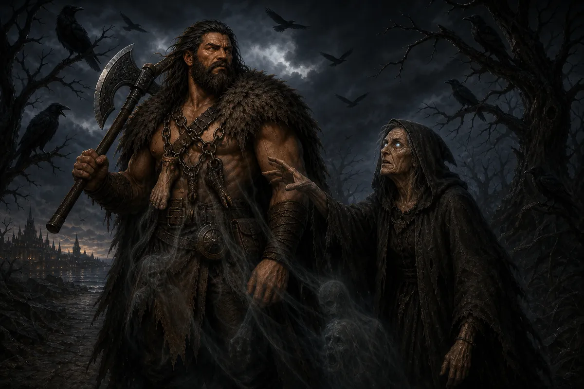 A raven-haunted crone raises one glowing-eyed hand toward the grisly trophies chained across Rage's chest as ghostly burdens gather beneath them.