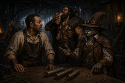 Carver negotiates with a horrified Clenis over three Boom Sticks while Rage bites into a severed human foot behind them.