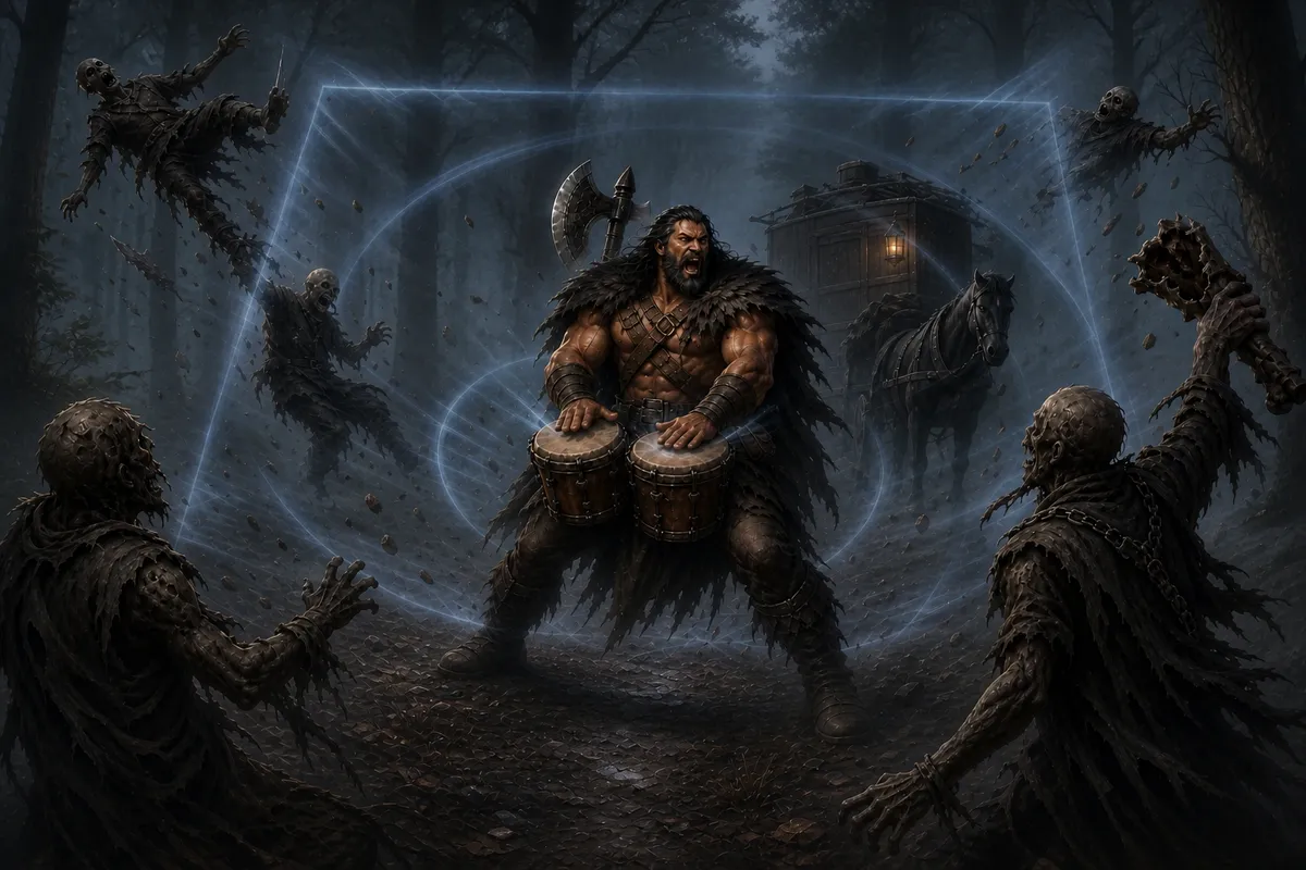 On a mist-covered forest road, Rage strikes the paired drums at his waist as a square-edged wave of compressed air hurls zombies away from him beside the coach.