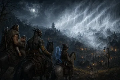 The party and the wounded Buddy look down from horseback upon Rivalis as a vast wall of luminous mist consumes half the town.