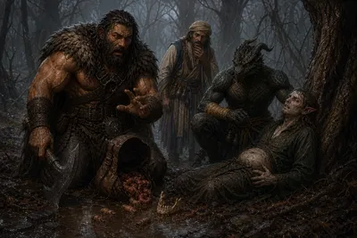 Rage recoils from the human remains spilled from a diseased elf's bag while Ignatius examines the stranger and Ooru watches in horror.