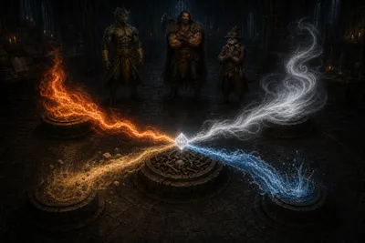Four elemental plinths send earth, fire, water, and air into a small crystal above a central vessel of bones while Ignatius, Rage, and Carver watch.