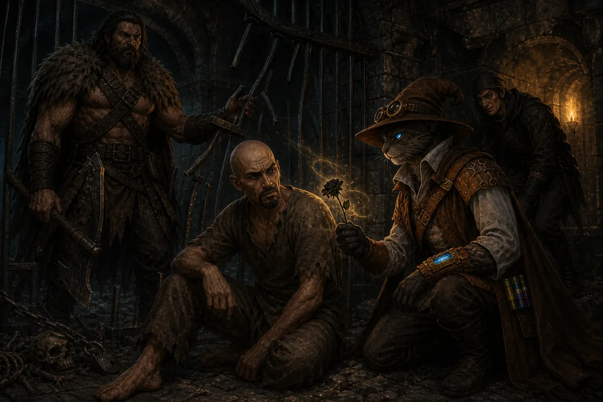 Carver offers the dried black lily to the newly freed Voss while Rage holds aside the cell's broken bars and Siv watches from the passage.