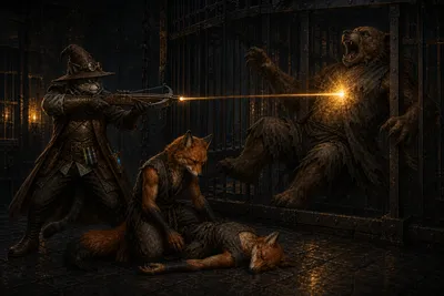 Carver fires a radiant crossbow bolt into the caged werebear while Lafing grieves over his slain companion.