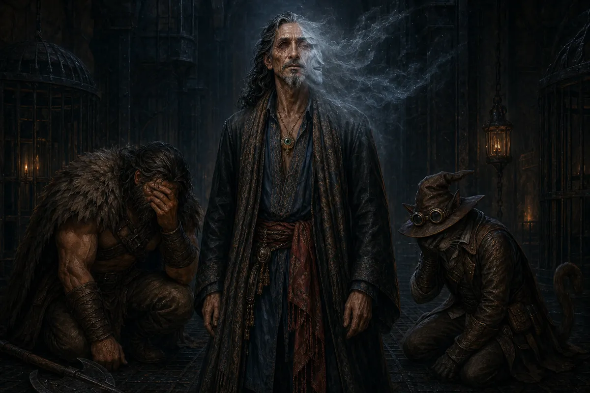 Hyskosa's false face dissolves as Rage and Carver collapse in grief within the Beast Prison.