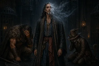 Hyskosa's false face dissolves as Rage and Carver collapse in grief within the Beast Prison.