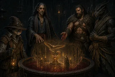 Hyskosa guides a blood-dark scrying pool as Ankhtepot's golden vision appears within it.