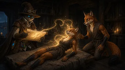 Carver reads a glowing resurrection scroll as Fling awakens and Lafing stares in astonished joy.