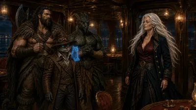 Captain Snowmane approaches Rage, Ignatius, Carver, and Chip in the River Dancer's lantern-lit gaming lounge.