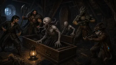 Siv opens an attic coffin as two tentacled, vampiric-looking aberrations emerge while the party prepares to fight.