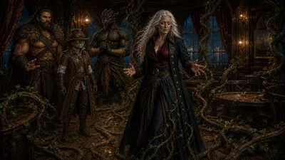Captain Snowmane stands amid vines and living timber as the River Dancer awakens around her, while Rage, Ignatius, and Carver watch.