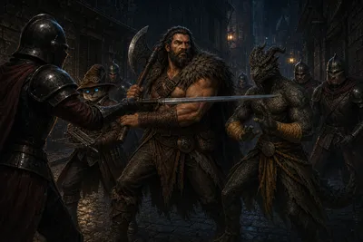 A Martira Bay guard captain thrusts a sword across Rage's path as Carver and Ignatius react in a narrow rain-dark alley.