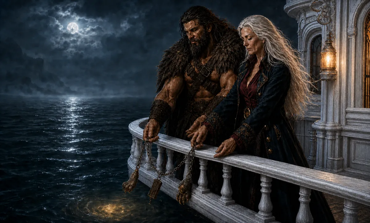 Rage and Snowmane release a trophy chain carrying a wererat foot, mimic fragment, and werebear paw from the River Dancer's moonlit white rail.