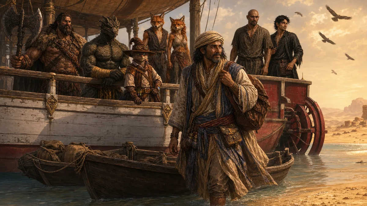 Ooru, a desert merchant in layered travel clothes, wades from a dinghy toward Har'Akir's sunlit shore while Rage, Ignatius, Carver, Lafing, Fling, Voss, and Slippery Siv watch from the white-hulled River Dancer.