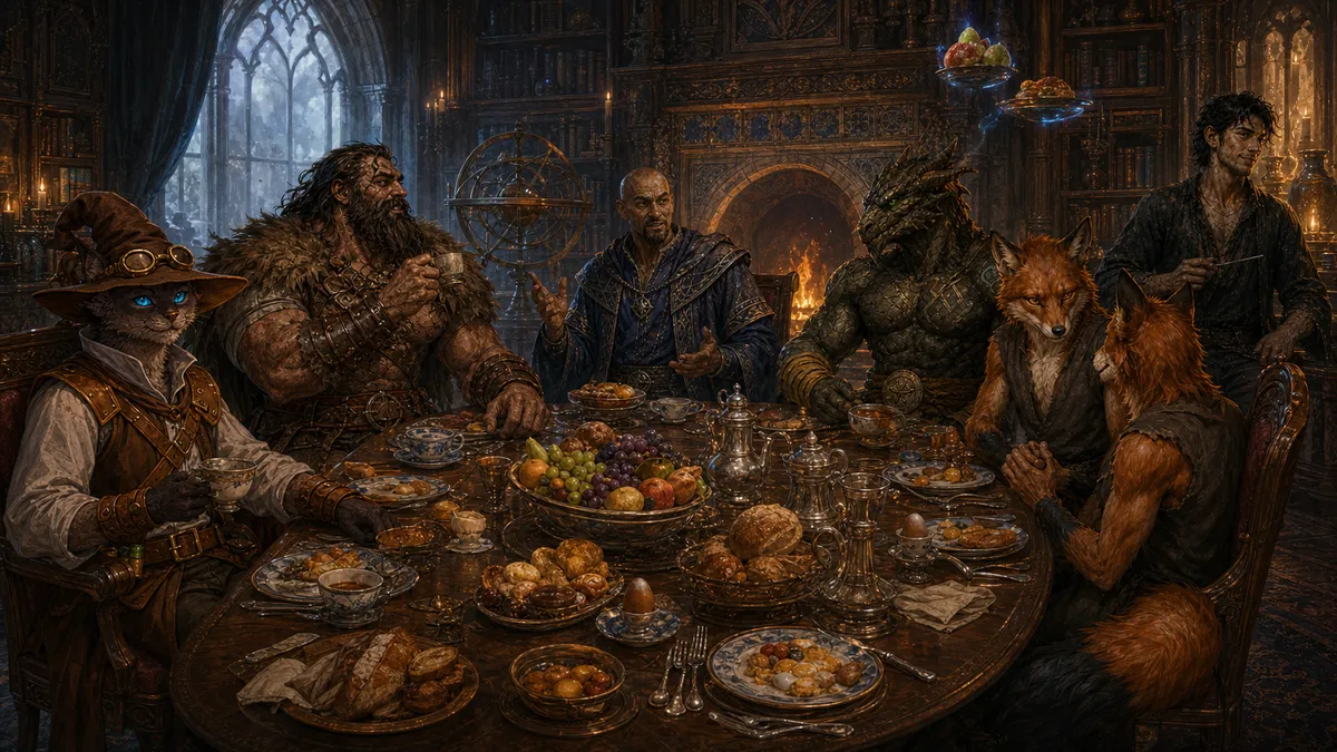 Mordenkainen hosts Ignatius, Rage, Carver, Lafing, Fling, and Slippery Siv at a lavish breakfast in his hidden magical mansion.