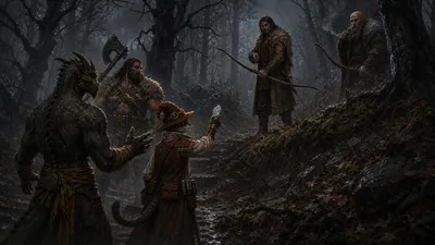 Carver holds up a silver talisman while Ignatius and Rage peacefully face two wary hunters in the rain-dark Svalich Woods.