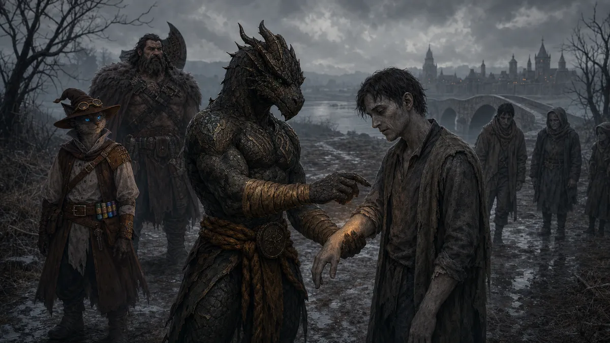 Ignatius reaches toward an ashen traveler on Vallaki road as Rage and Carver watch; a stone bridge, lake, and walled town recede through the fog.