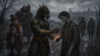 Ignatius reaches toward an ashen traveler on Vallaki road as Rage and Carver watch; a stone bridge, lake, and walled town recede through the fog.