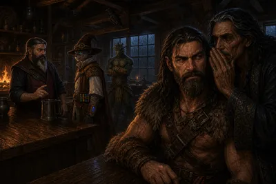 Urwin and Carver exchange a discreet greeting at the Blue Water Inn bar while Hyskosa leans in to whisper to Rage; Ignatius watches amid ravens and rain-dark windows.