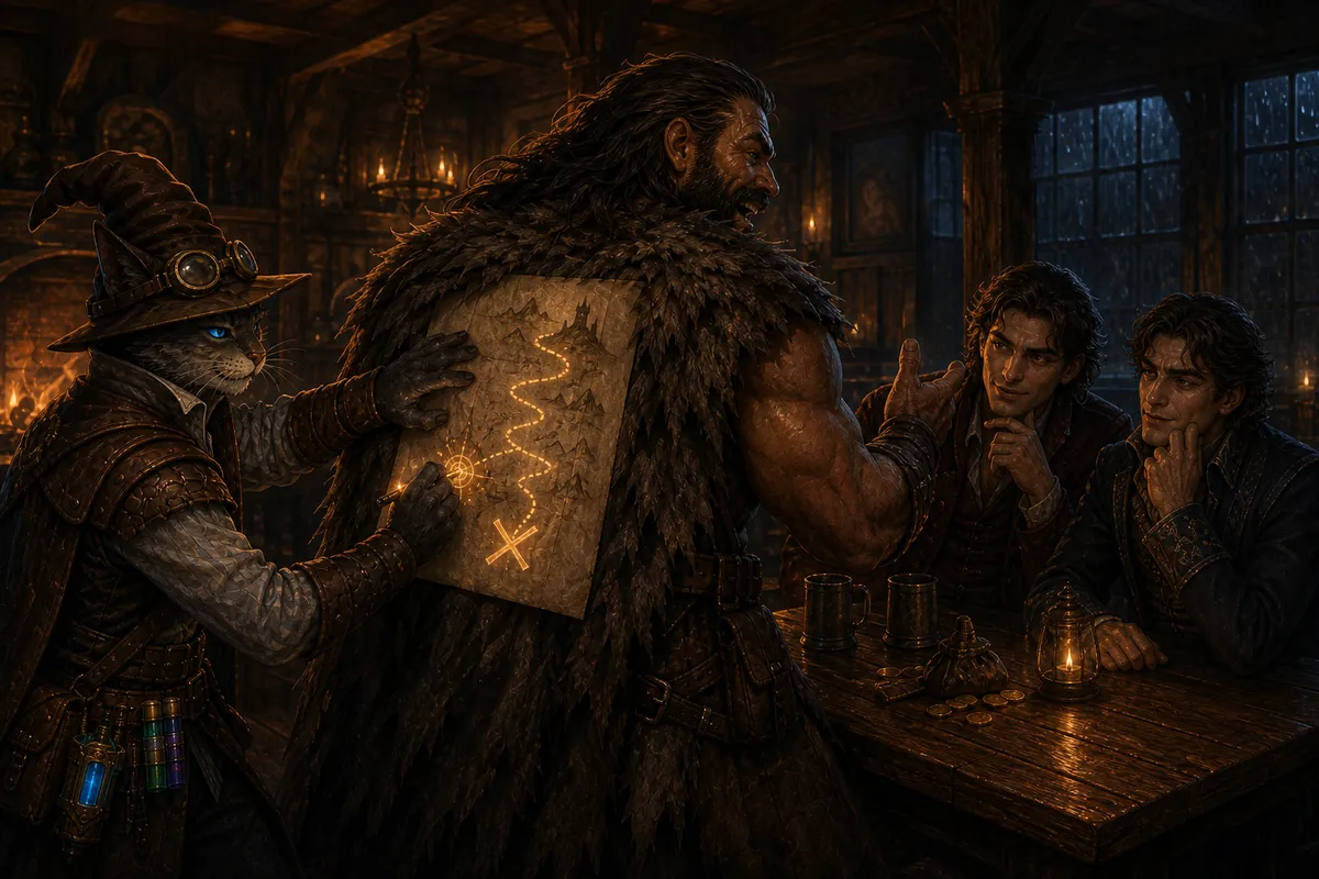 Rage holds the attention of Lady Watcher's sons while Carver secretly conjures a false treasure map against Rage's broad back.