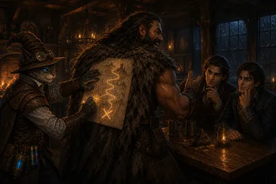 Rage holds the attention of Lady Watcher's sons while Carver secretly conjures a false treasure map against Rage's broad back.