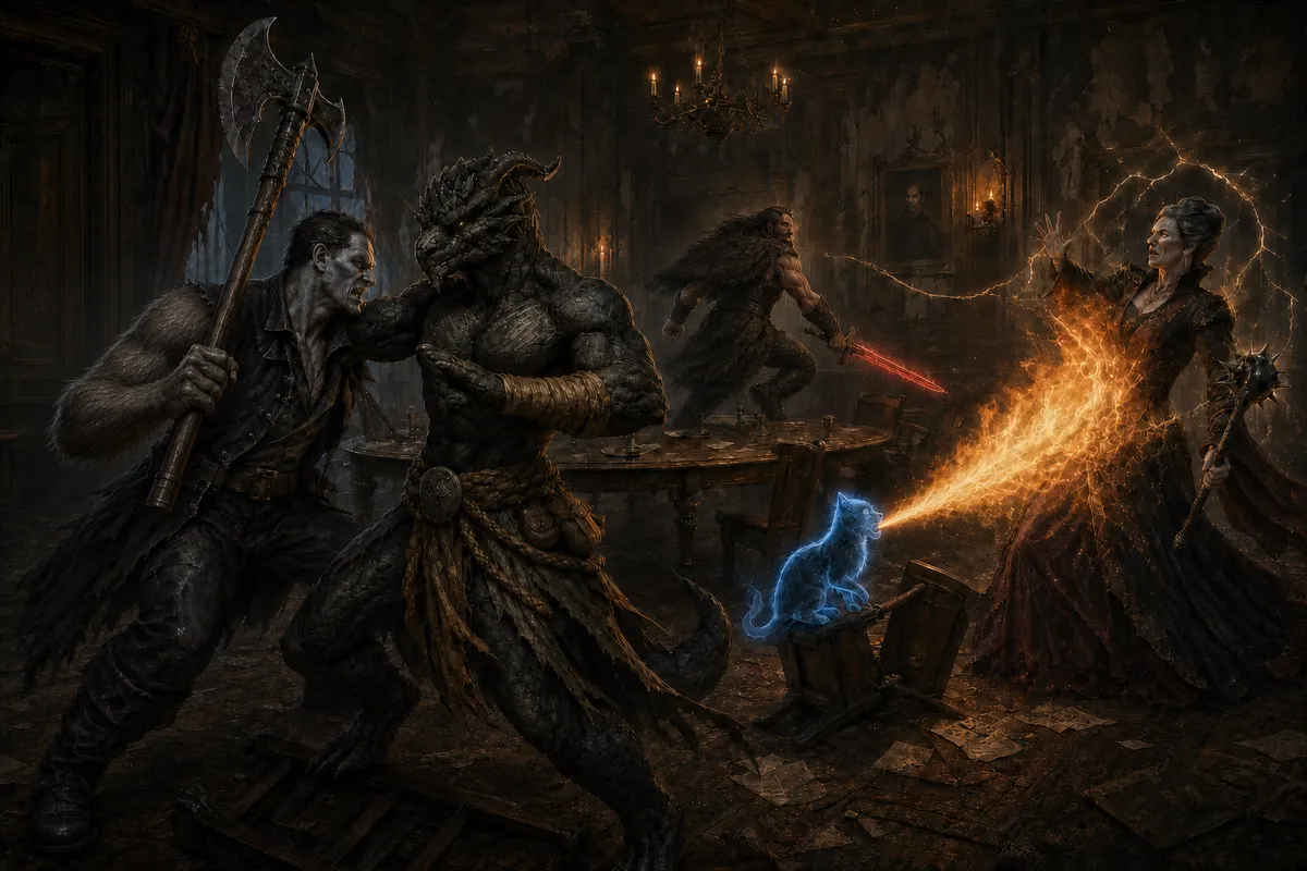 Ignatius battles Izek at close quarters while Chip's spectral flame strikes Fiona Watcher and magical fear drives Rage around the dining table.