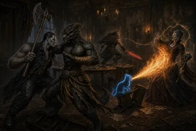 Ignatius battles Izek at close quarters while Chip's spectral flame strikes Fiona Watcher and magical fear drives Rage around the dining table.