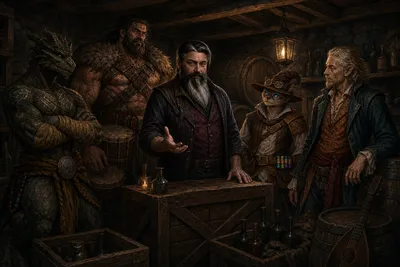 Ignatius, Rage, and Carver confer with Urwin and Rictavio among the wine casks and storage crates beneath the Blue Water Inn.