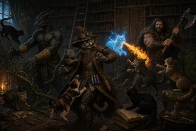 Ordinary cats swarm Carver, Ignatius, and Rage inside Fiona Watcher's library while Chip breathes flame toward the tabby wearing the hidden-chest key.