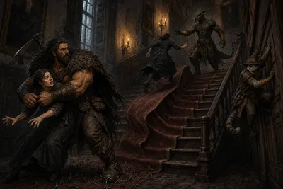 Rage restrains one frightened servant among scattered caltrops while another runs up an animated carpet toward Ignatius and Carver clings to the staircase wall.