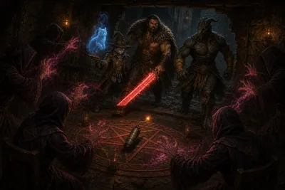 Rage, Ignatius, and Carver enter a hidden cellar ritual chamber as robed cultists channel crimson-violet magic around a pentagram and a lit Boom Stick burns at its center.