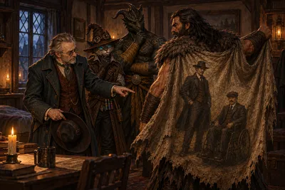 Van Richten holds his removed hat and points at the two detectives painted on Rage's ragged cape while Carver and Ignatius watch in the inn's private room.