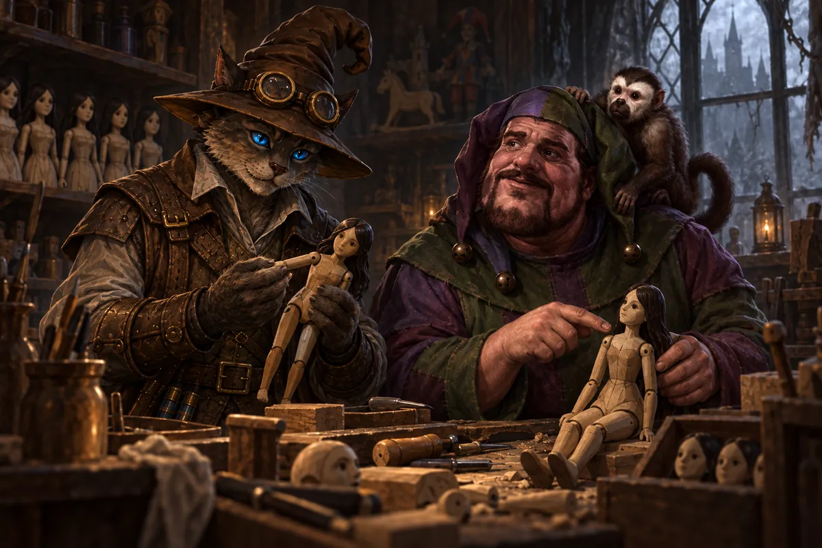 Carver and Blinsky examine wooden dolls at a workbench while Piccolo perches on the toymaker's shoulder and matching female dolls line a shelf.
