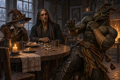 Ignatius recoils from a detached rat tail among Hyskosa's casting bones while Carver watches in puzzlement at the inn breakfast table.